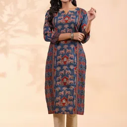 vbuyz KALINI Ethnic Motifs Printed Notch Neck Sequinned Cotton Straight Kurta-picture-41