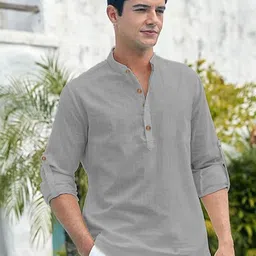 BHUVIKOO Band Collar Roll-Up Sleeves Straight Short Kurta-picture-19