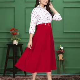 zelzis Women Fit and Flare Red, White Midi/Calf Length Dress image 3