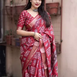 Swaraas Ajrak Block Zari Ikat Saree image 3