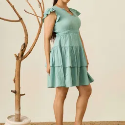 Roadster Ruffled Cap Sleeves V Neck Solid Mini Sky Blue Dress image 3