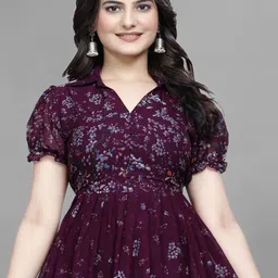 QENA Women Floral Printed Puff Sleeve Fit & Flare Midi Dress image 3