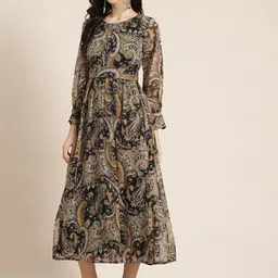 Juniper Black & Beige Chiffon Fit & Flare Dress image 3