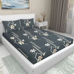 Aura Grey & White Floral 220 TC King Bedsheet with 2 Pillow Covers-picture-10
