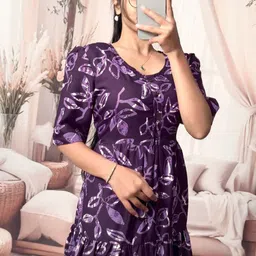 GROMint Women's Ethnic Printed Puff Sleeve Fit & Flare Tiered Midi Dress image 3