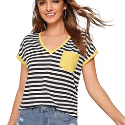 FABRICORN Women Striped V-Neck Roll-Up Sleeves Pockets T-shirt-picture-15