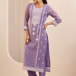 Libas Women Woven Design Embroidered Kurta with Trousers & Dupatta image 4
