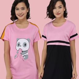 Christy World Women Pack Of 2 Graphic Printed Short Sleeves Longline T-shirt-picture-9
