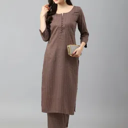 KALINI Striped Notch Neck Regular Straight Kurta With Trousers-picture-25