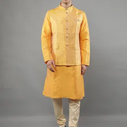 Manish Creations Mandarin Collar Kurta With Churidar And Nehru Jacket-image-8