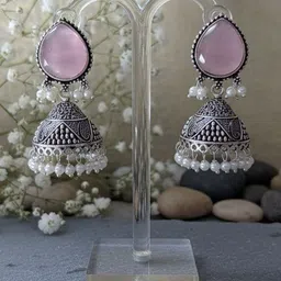 Frap Silver-Plated Artificial Stones Studded And Beaded Oxidised Dome Shaped Jhumkas image 4
