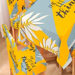 HOKIPO Yellow & Grey 5 Pieces Typography Printed Chair Covers With Matching Tablecloth image 2