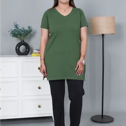 Mlada Women Regular Fit V-Neck Long Cotton Tshirt with 2 Side Pockets-picture-36