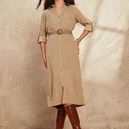 U.S. Polo Assn. Women Shirt Collar Roll-Up Sleeves Shirt Midi Dress-image-50