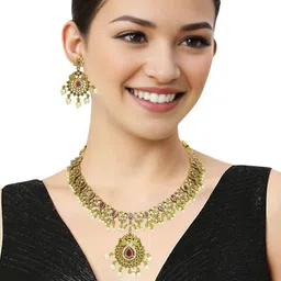 FEMMIBELLA Women Gold-Plated Stone Studded & Beaded Jewellery Set image 2