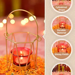 MARKET99 Red & Gold-Toned Plain Design T-Light Candle Holder image 3