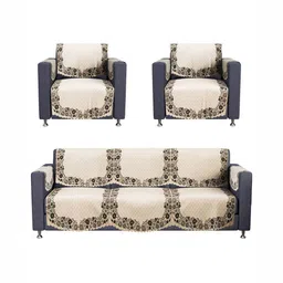 RUBOXA Cream-Coloured & Brown 16 Pieces Cotton Sofa Cover With Arms image 2