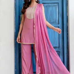 EthniFlair Women Ethnic Motifs Embroidered Regular Sequinned Silk Chiffon Kurta with Palazzos & With Dupatta image 4