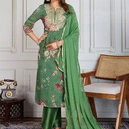 House of Pataudi Floral Printed & Embroidered Straight Kurta & Trousers With Dupatta-picture-10