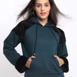 SHAYE Women Teal Solid Hooded Neck Long Sleeves Sweatshirt-image-74