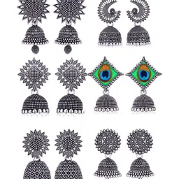 Sangria Set Of 6 Silver Plated Oxidized Jhumka Earrings-picture-17