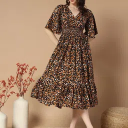 Raiyani Fashion Women Abstract Printed Flared Sleeve Midi Fit & Flare Dress-image-96