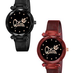 CSAMON Women Dial & Bracelet Style Straps Analogue Watch Queen black Red maganet-picture-5