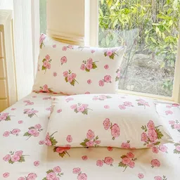 JC HOME White & Pink Floral 140 TC Single Bedsheet with 1 Pillow Covers image 3