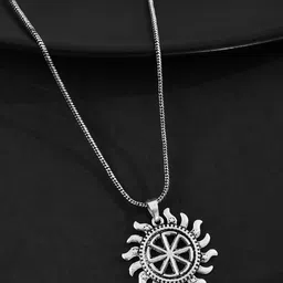 Voylla Men Silver-Plated Statement Solar Wheel Oxidised Circular Pendant With Chain-image-40