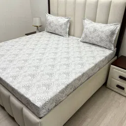 Pure Decor Grey & White Ethnic Motifs 330 TC King Bedsheet with 2 Pillow Covers-picture-35