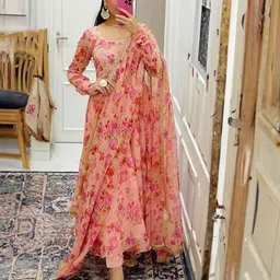 Jash Creation Floral Printed Round Neck Anarkali Kurta With Dupatta image 2