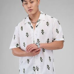 VASTRADO White & Olive Embroidered Cuban Collar Oversized Shirt-picture-29