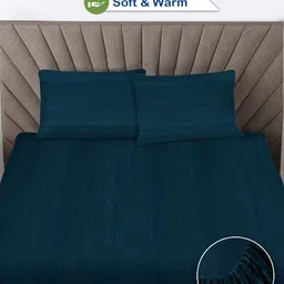 Myntra Elegant Homes Turquoise Blue Striped Woollen 300 TC King Bedsheet Set 2.5 x 2.25 m image 5