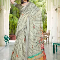 ZILVIRA Floral Zari Pure Linen Block Print Saree image 2