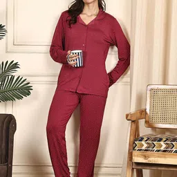 Kanvin Women Printed Lapel Collar Shirt Slip On Pyjama Night Suits-image-93