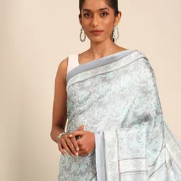 Taashi Floral Printed Tussar Saree With Blouse Piece image 3