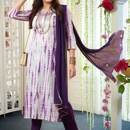 GoSriKi Tie And Die Printed Round Neck Straight Kurta with Trousers & Dupatta image 3