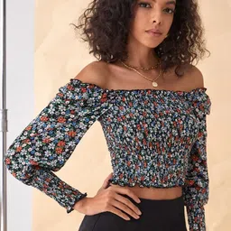 Stylecast X Slyck Floral Printed Smocking Crop Top image 4