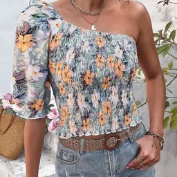 Stylecast X Slyck Floral Printed One Shoulder Smocked Fitted Crop Top image 3