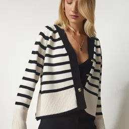 Happiness istanbul Krem Women Striped V-Neck Cardigan Sweater-picture-37
