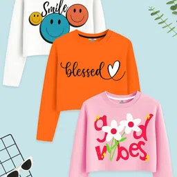 KUCHIPOO Girls Pack of 3 Graphic Printed Round Neck Cotton T-shirts-picture-23