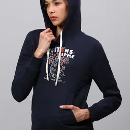 Campus Sutra Women Blue Printed Hooded Cotton Sweatshirt image 2