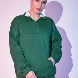 STREET 9 Green Typography Printed Mock Collar Pullover Fleece Sweatshirt image 2