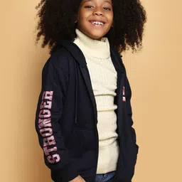 V-Mart Girls Typography Printed Hooded Fleece Front-Open Sweatshirt image 3