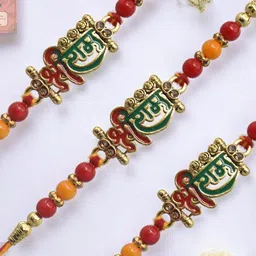 MEIRA JEWELLERY Set Of 3 Kundan Studded Rakhi With Roli Chawal & Greeting Card-picture-14