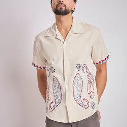 FUGAZEE Beige & Blue Paisley Embroidery Pure Cotton Casual Shirt-picture-27