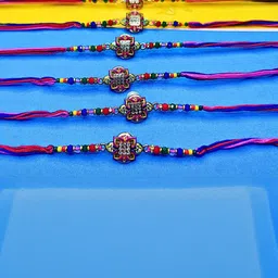 Anouk Set Of 6 Beaded Cotton Thread with AD Stones & Meenakari Designer Rakhi for Brother image 3