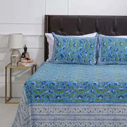 SHAHENAZ Blue & White Floral 120 TC Queen Bedsheet with 2 Pillow Covers-image-13