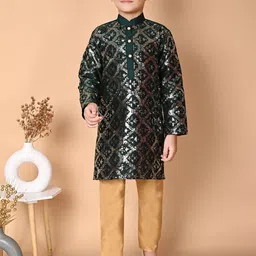 AHLAN APPARELS Boys Ethnic Motifs Embroidered Sequinned Dupion Silk Kurta with Pyjamas-picture-11