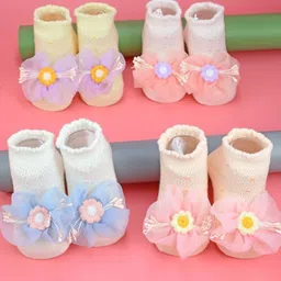 Yellow Bee Infants Girls Pack Of 4 Embellished Breathable Ankle Length Socks-picture-52